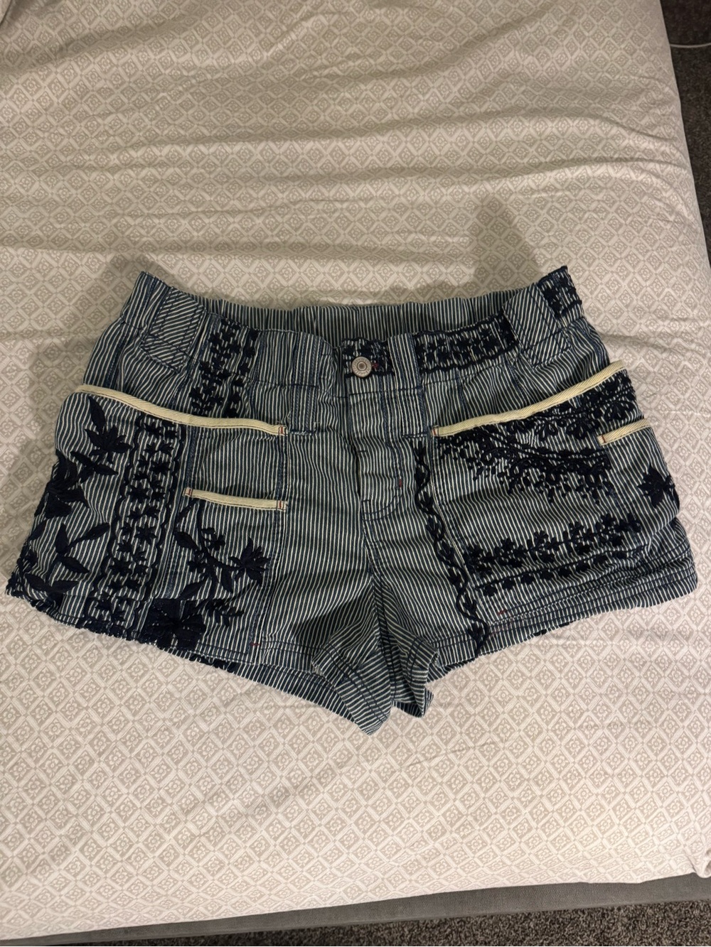 Free People Navy Pinstripe Embroidered Jean Shorts